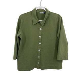 Sun Bay Boxy Collared Button Up Top Size Large Green Cotton 3/4 Sleeves Cardigan